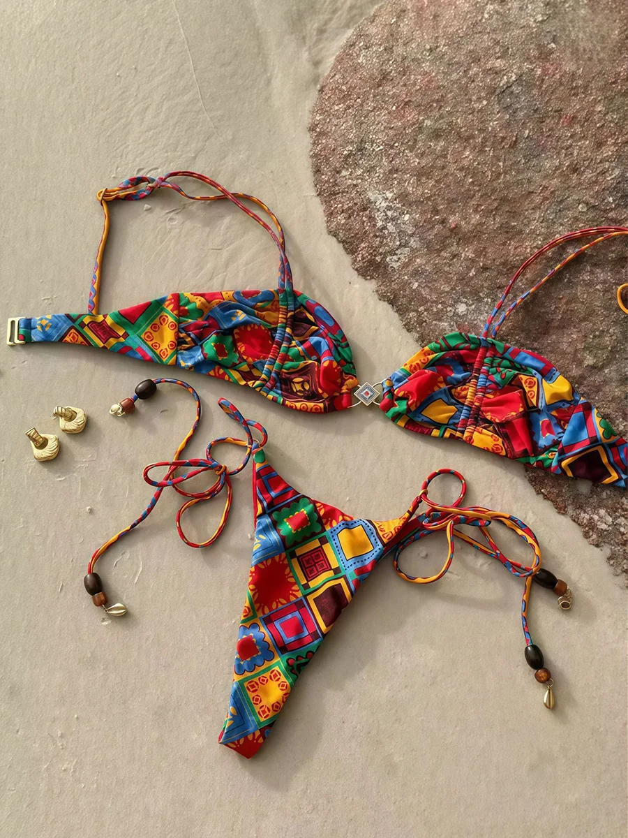 

Микро-бикини 2026: Сексуальный женский купальник с эффектом пуш-ап, бразильский комплект бикини с принтом, полосатый пляжный наряд для женщин