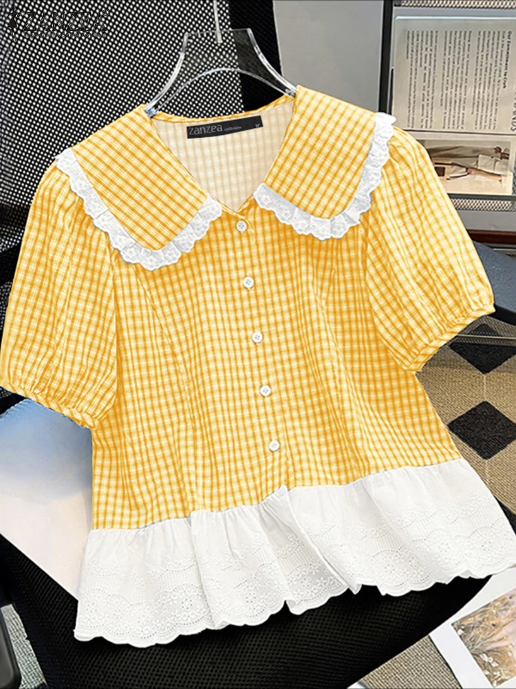 ZANZEA, blusa elegante de manga corta abombada, camisas de verano para mujer, camisa elegante con cuello de solapa, camisa de retazos para mujer, Tops de trabajo OL de gran tamaño
