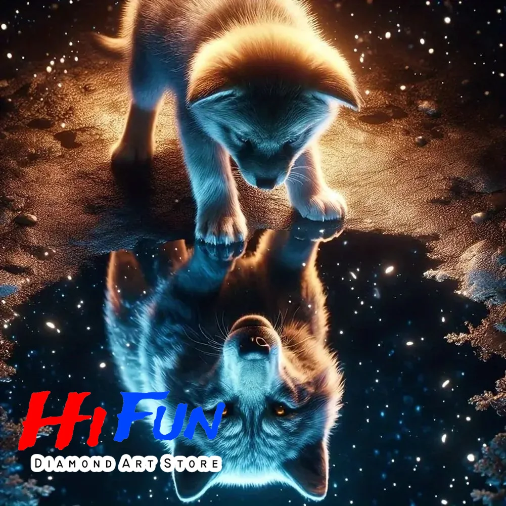 

Новая алмазная живопись «сделай сам», волк и щенок, отражение воды, полная круглая Алмазная мозаика, абстрактное животное, подарочное украшение ручной работы