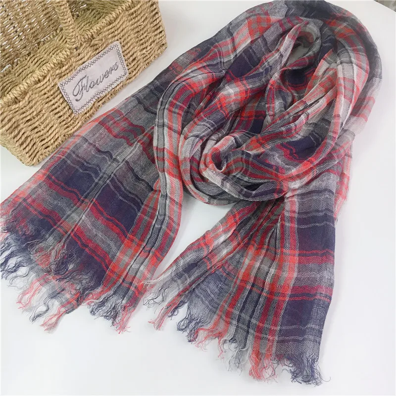 

Spring/Summer Delicate And Pretty Blue Plaid Linen Scarf