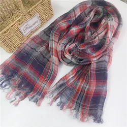 Spring/Summer Delicate And Pretty Blue Plaid Linen Scarf