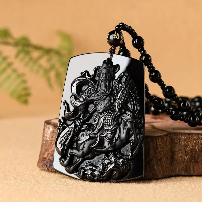 Natural A-grade Jade Pendant, Ink Jade Ice Type Handcarved Guan Gong Men's and Women's Jewelry Exorcism Prayer Blessing Gifts