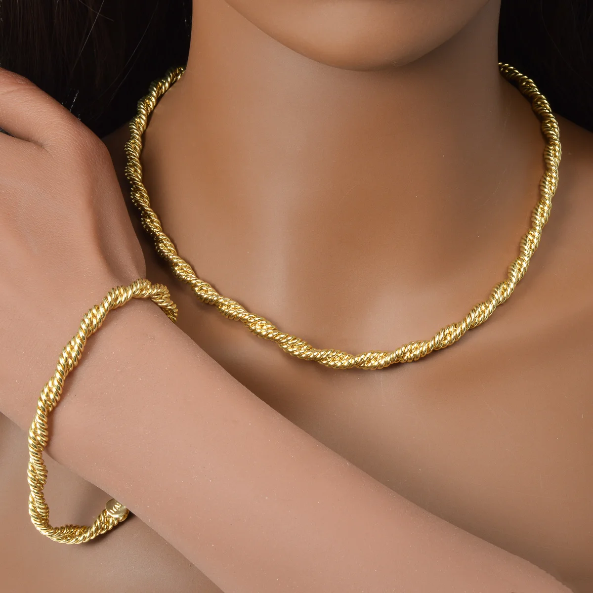Italian 750 Mark Copper Twisted Rope Chain Jewelry Set Gold Plated Twist Rope Necklace Bracelet For Women Men Jewellery Gift