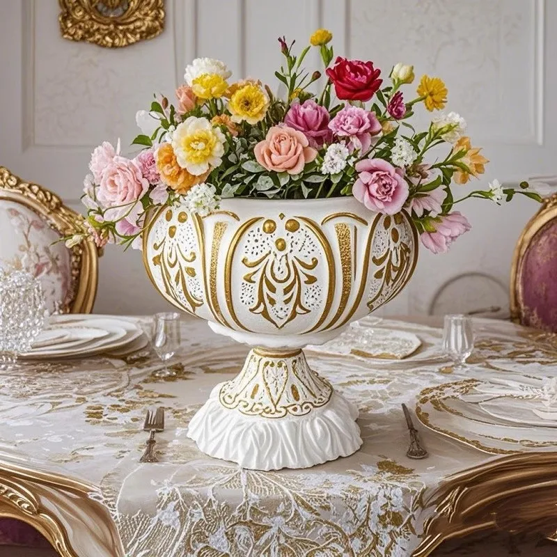 

European retro wrought iron high footed flowerpot hotel dining table decoration with a high-end feel, vase decoration, gold reli