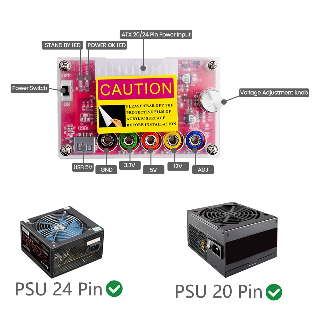 24 piny ATX zasilacz tabliczka zaciskowa ATX zasilacz Breakout moduł adaptera wsparcie 3.3V/5V/12V 1.8V-10.8V(ADJ)