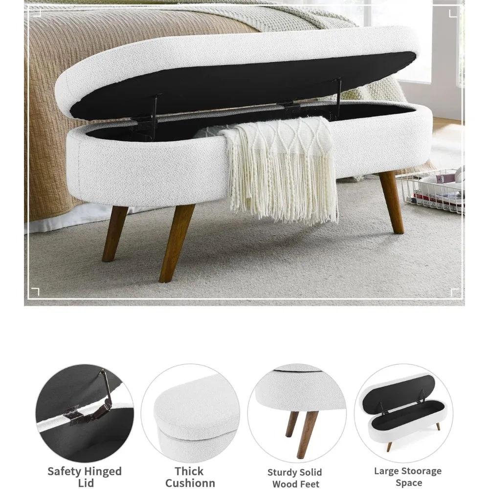 مقعد تخزين من قماش الكتان الأبيض مقاس 43.5 بوصة مع أرجل خشبية صلبة لغرفة المعيشة وغرفة النوم ومدخل العثماني