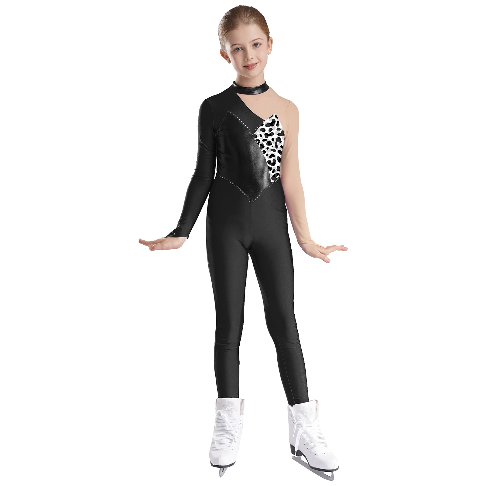 Teens Long Sleeve Figure Skating Bodysuit for Girls Kids Metallic Patchwork Printed Rhythmic Gymnastics Jumpsuit Dance Leotard