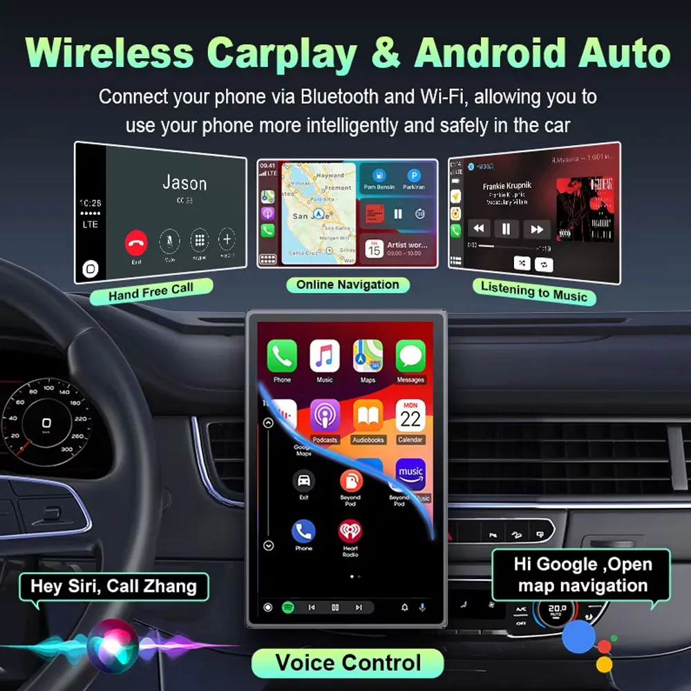 7/8 inch Car Multimedia Player Support Horizontal&Vertical Screen Wireless Carplay Android Auto Car Stereo Magnetic Bracket