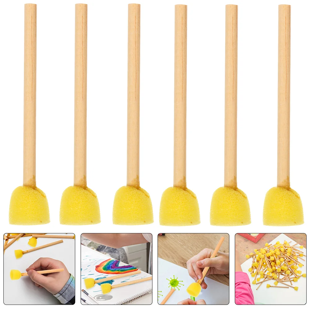 

12 Pcs Sponge Brush with Wooden Handle Handles Foam Painting Pen Yellow Flat Sponges for