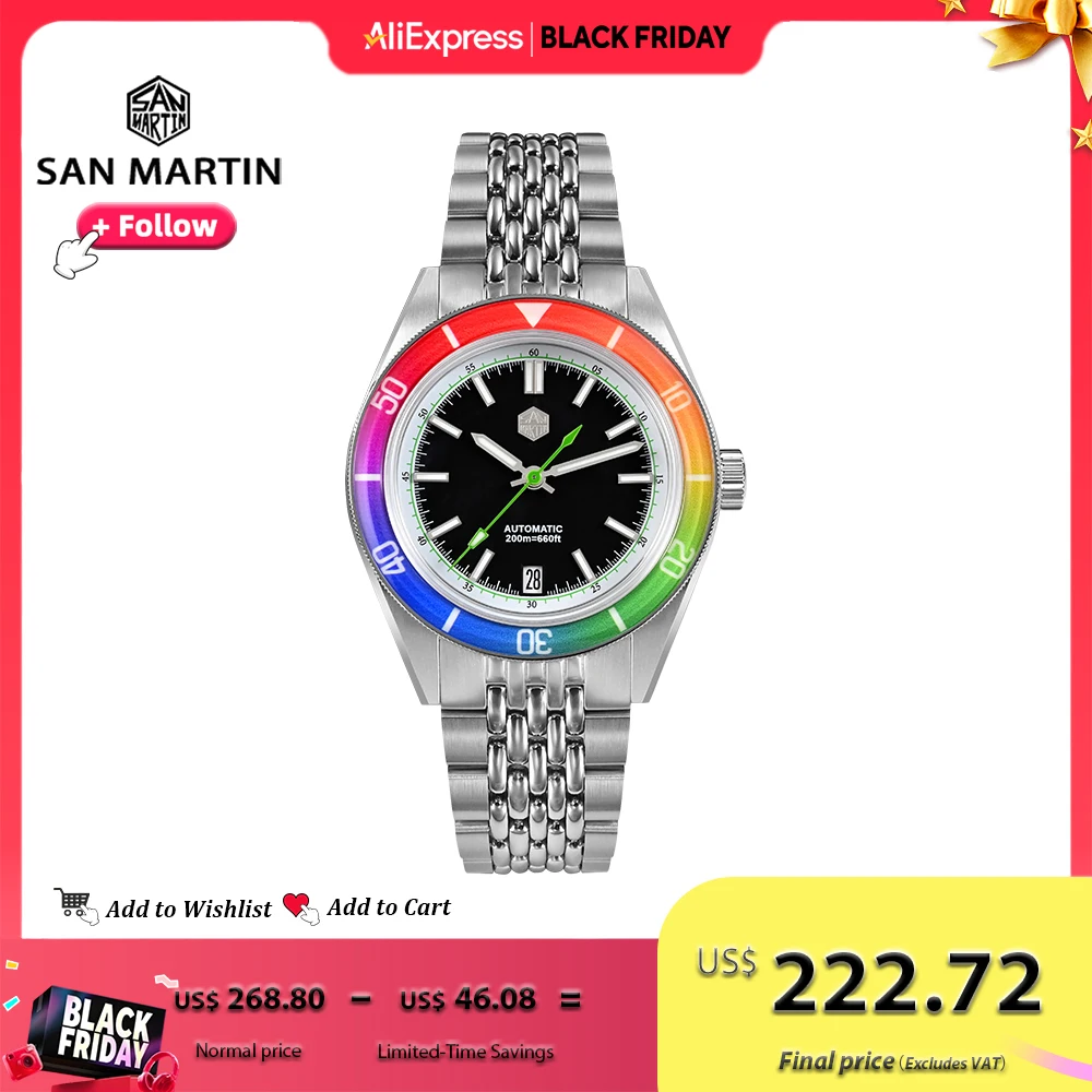 

San Martin, оригинальный дизайн, 39,5 мм, модные мужские часы для дайвинга, сапфировый Радужный безель, механические часы, светящаяся дата, 200 м, SN0116