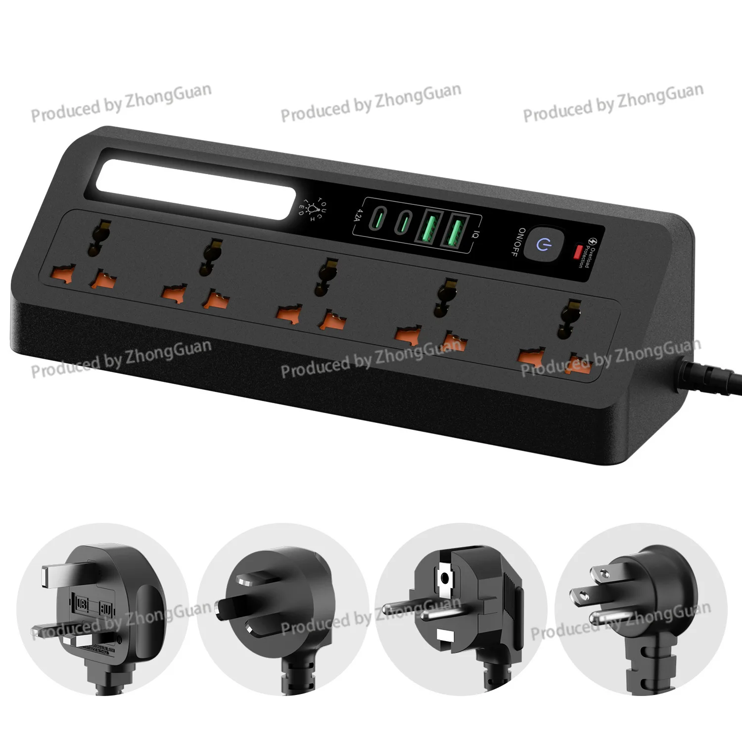 Universal Hole Security Door Overload Protection Switch Touch Three-color Pc Flame Retardant Extension Cord Strip Plug Socket