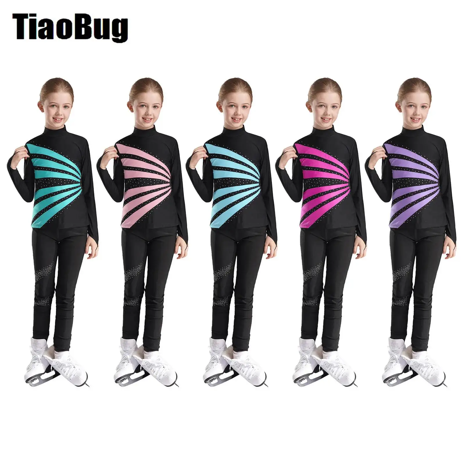 

Kids Girls Ballet Figure Skating Sets Contrast Color Patchwork Long Sleeve Pullover Sweatshirt with Waistband Leggings for Dance