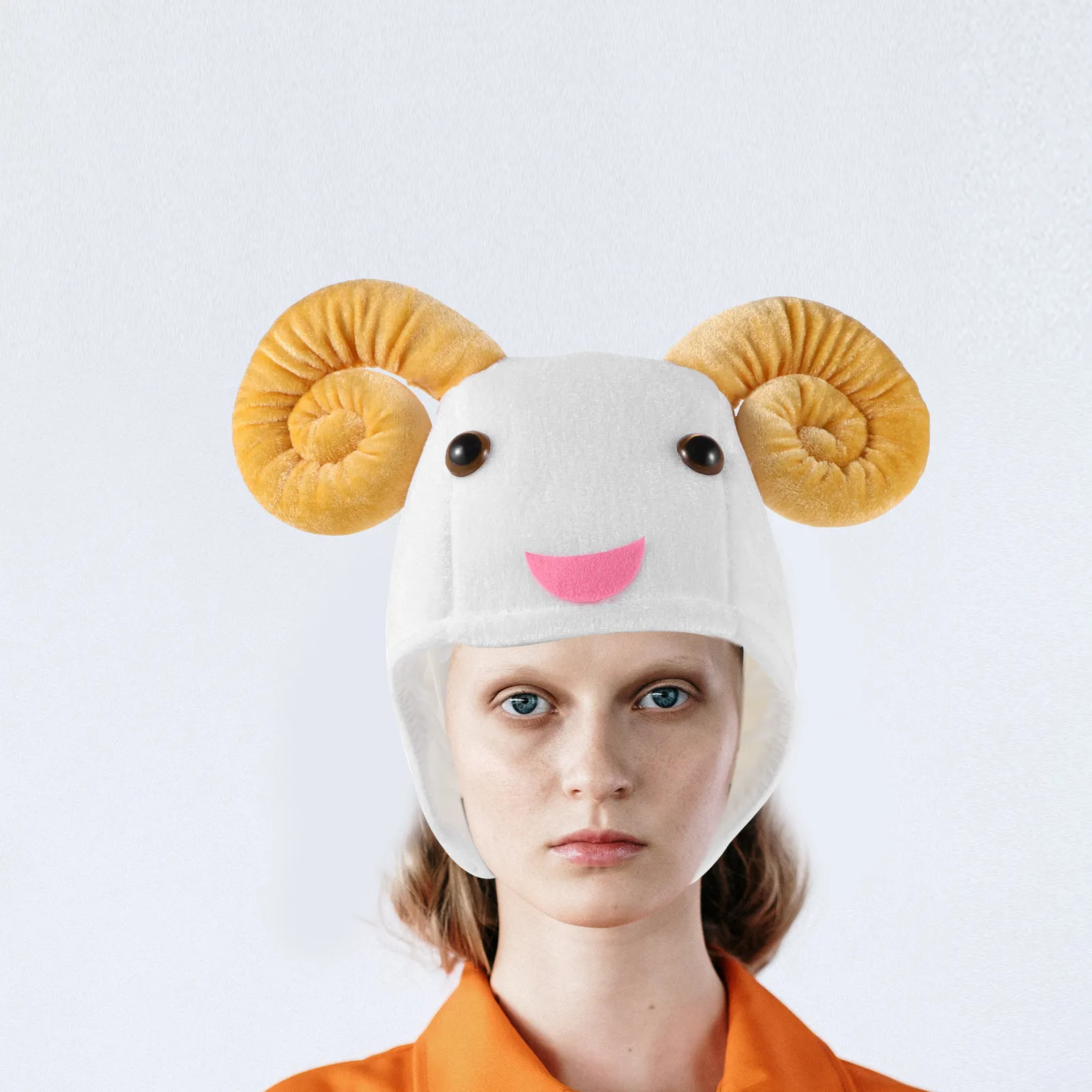 Adult Animal Costume Hat Soft Fleece Lamb Beanie with RAM Horns Lamb Ears for Carnival Easter Christmas Photo Booth Farm Theme