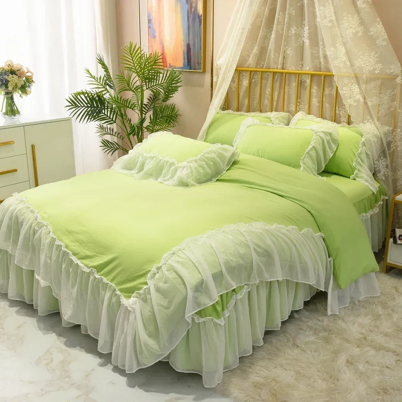 Korean version of green princess windbed skirt four-piece set washed cotton girl heart lace chiffon lace