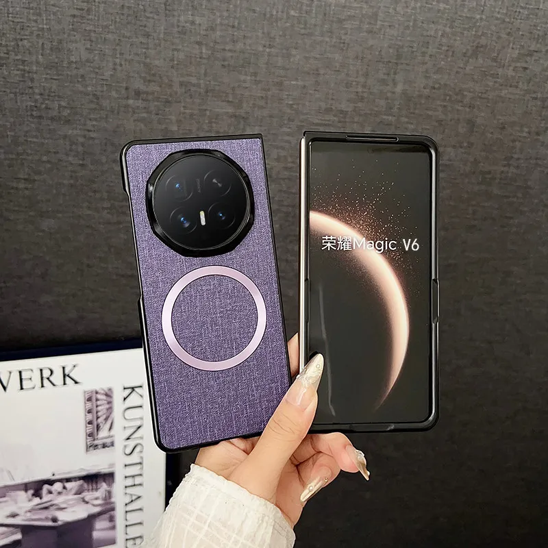 

For Honor Magic V6, V5 Magnetic Case ELVEV Anti-fingerprint Fabric PU Leather Hard PC Suction Phone Cover