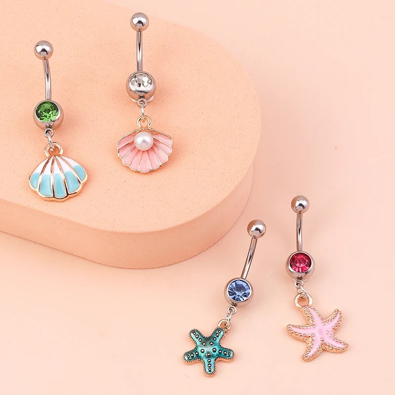 4Pcs/Set Cute Starfish Shell Belly Button Rings Sexy Navel Rings Belly Piercing Body Jewelry Women Girls Festival Jewelry Gift