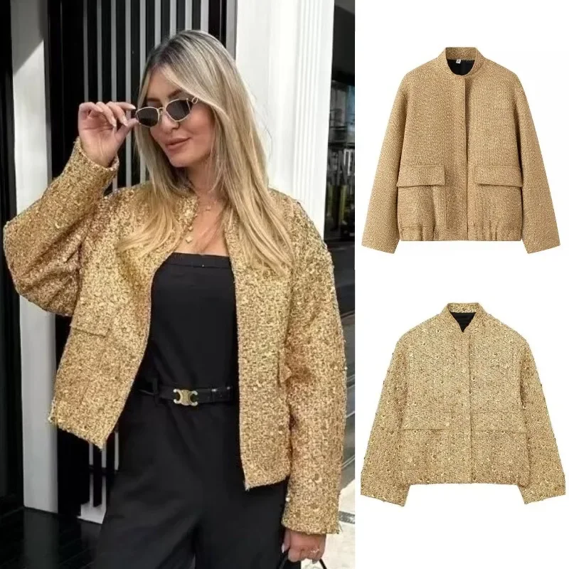 

Women's Sequined Bomber Jacket Fall New Round Neck Long Sleeve Pocket Stretch Hem Sequins Jacket Coat Female Chic Outerwear