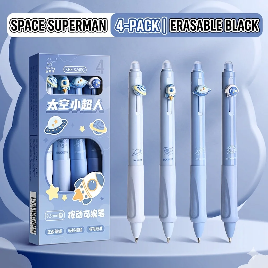 

4pcs Space Themed Erasable Pens, 0.5mm Retractable Black Pens for Kids