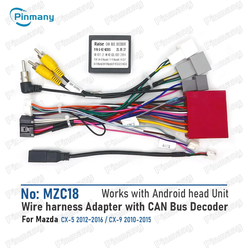 MZC18 Car Radio wire harness adapter kit with RAISE G-RZ-MZD55 CAN BUS Decoder for Mazda CX-5 CX-9,Connect original camera