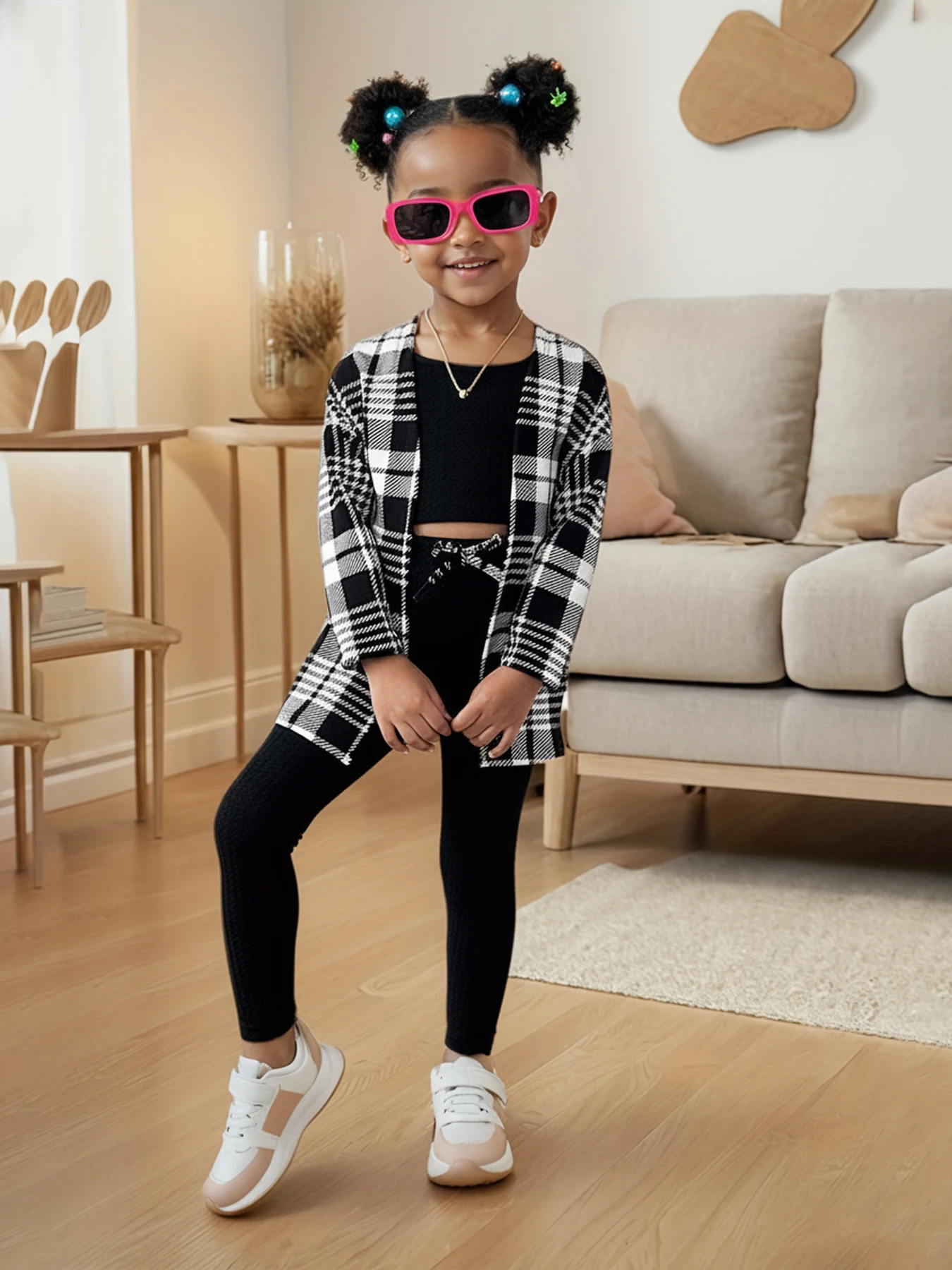3-teiliges kariertes Outfit für Mädchen, karierte Jacke mit offener Vorderseite, Waffel-Crop-Top und Leggings mit Bindegürtel, lässiges Streetwear-Set für Kinder – Detail 1