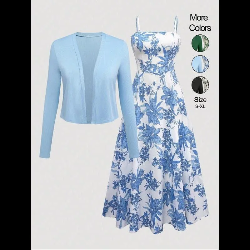 

Blue Print Dress Set Floral Print Women's Fashion Summer Outfit Ensemble without Brand Name Spring Seasonal Clothing