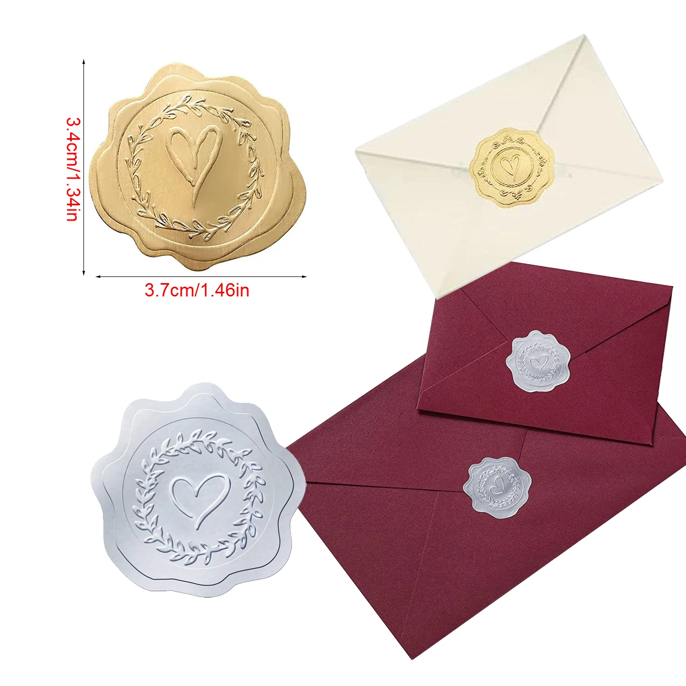 100pcs Gold Envelope Stickers Embossed Heart Seal Stickers for Postcards Invitations Card Gifts Decoration Self Adhesive Sticker