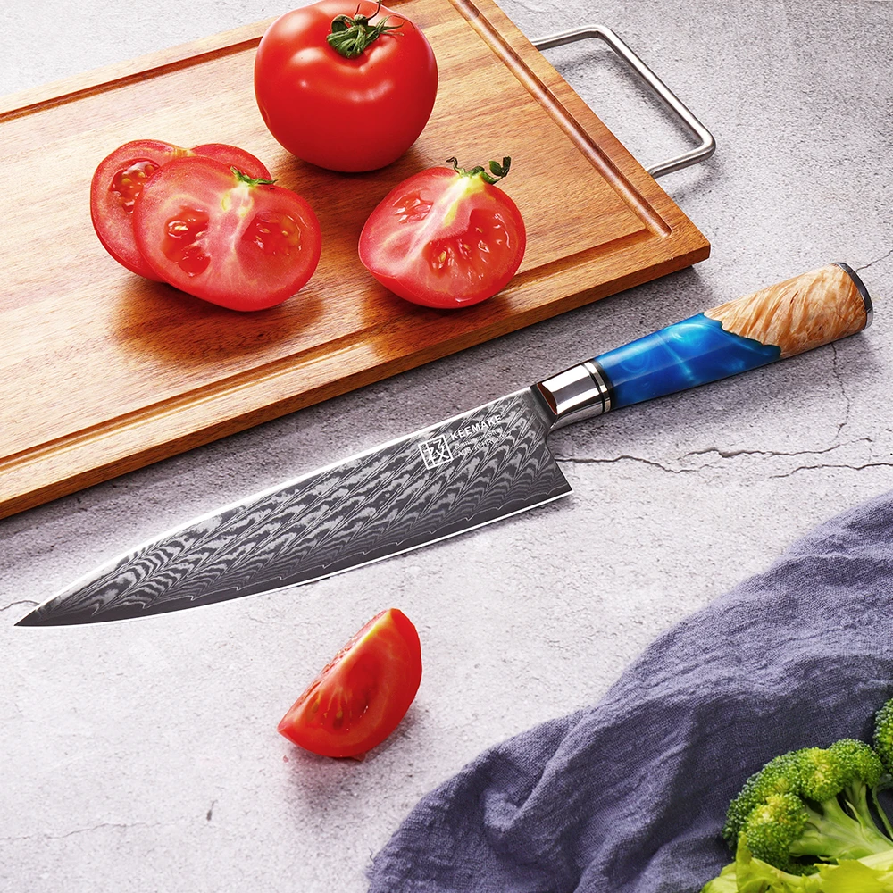 KEEMAKE 8'' Chef's Kitchen Knife Damascus Steel Blade Blue Resin Handle Ultra Sharp Vegetable Meat Cutting Knife Slicing Knife