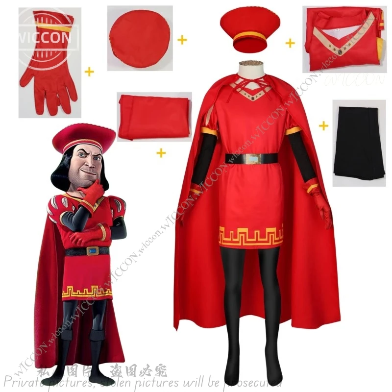 Lord Farquaad Cosplay Anime Costume Uniform Cloak Glove Hat Set Medieval Cosplay Halloween Party Red Outfit For Kid Women Men