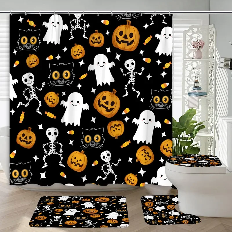 4Pcs Halloween Skeleton Shower Curtain Flower Skull Plant Pumpkin Scary Ghost Bat Cartoon Bath Mat Toilet Cover Bathroom Decor