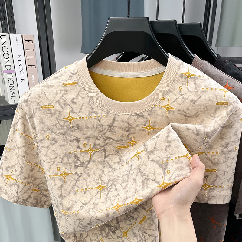 High Quality Summer Man Short-Sleeved T-Shirt Round Neck Ice Silk Cotton Jacquard Tie-Dye Snug Fashion Korean-Style Men Clothing