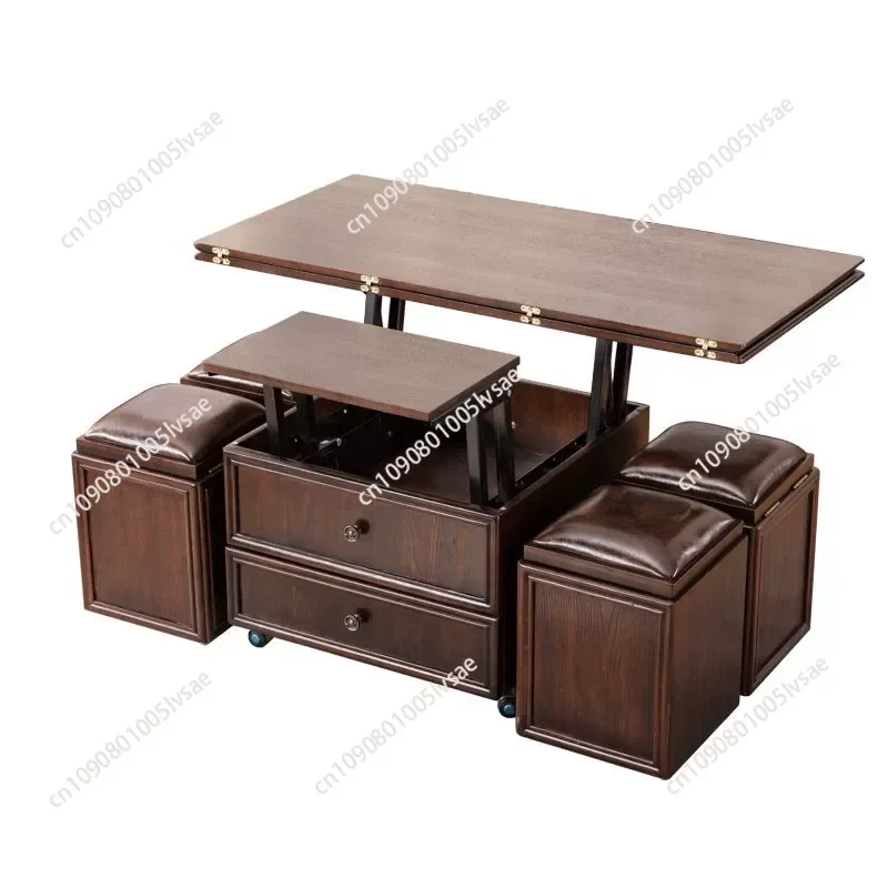 

Solid wood lifting coffee table dining table dual-purpose two-in-one mobile small apartment folding coffee table with stool