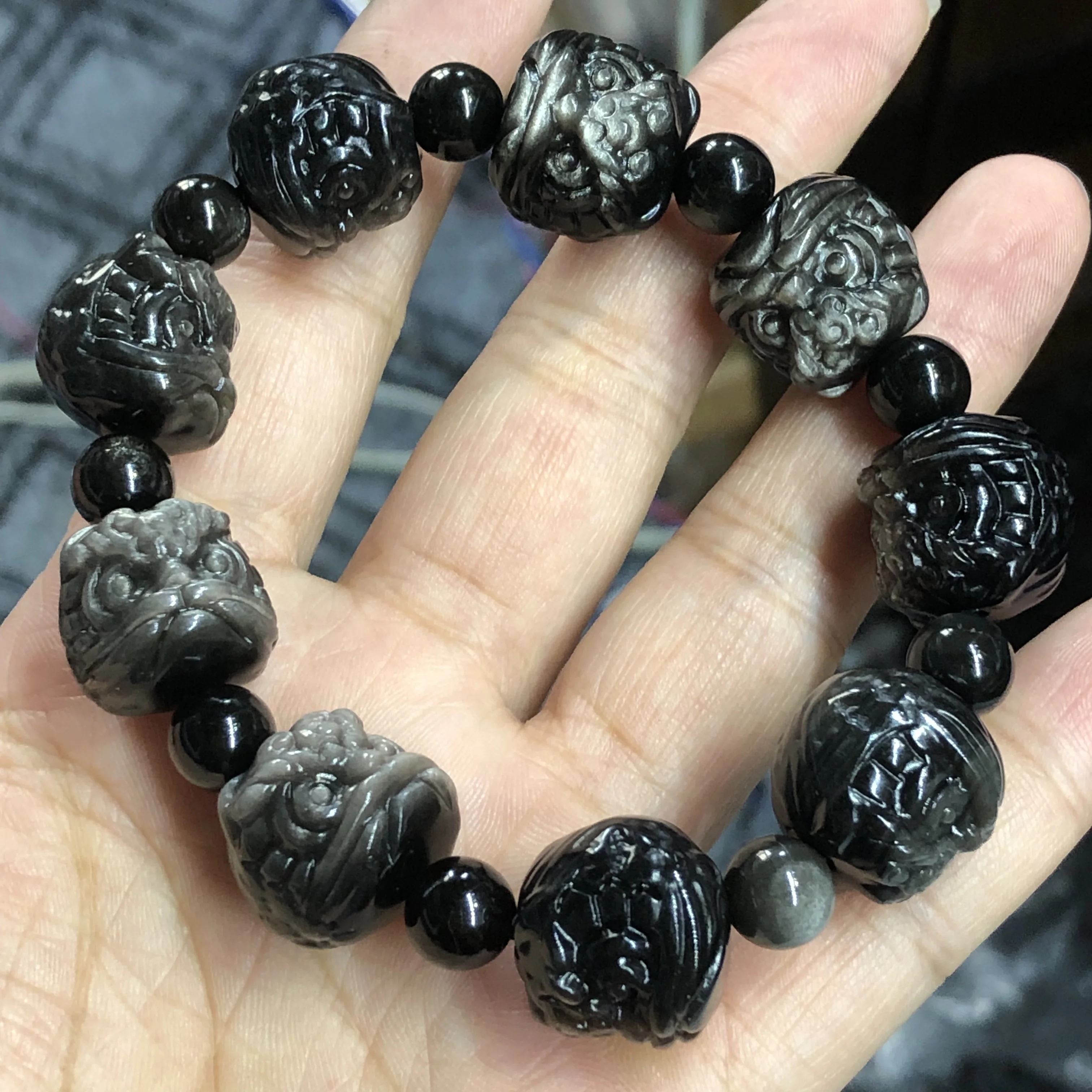 1 Pc Fengbaowu Natural Silver Obsidian Lion Bracelet Crystal Reiki Healing Stone Fashion Jewelry Gift For Women Men