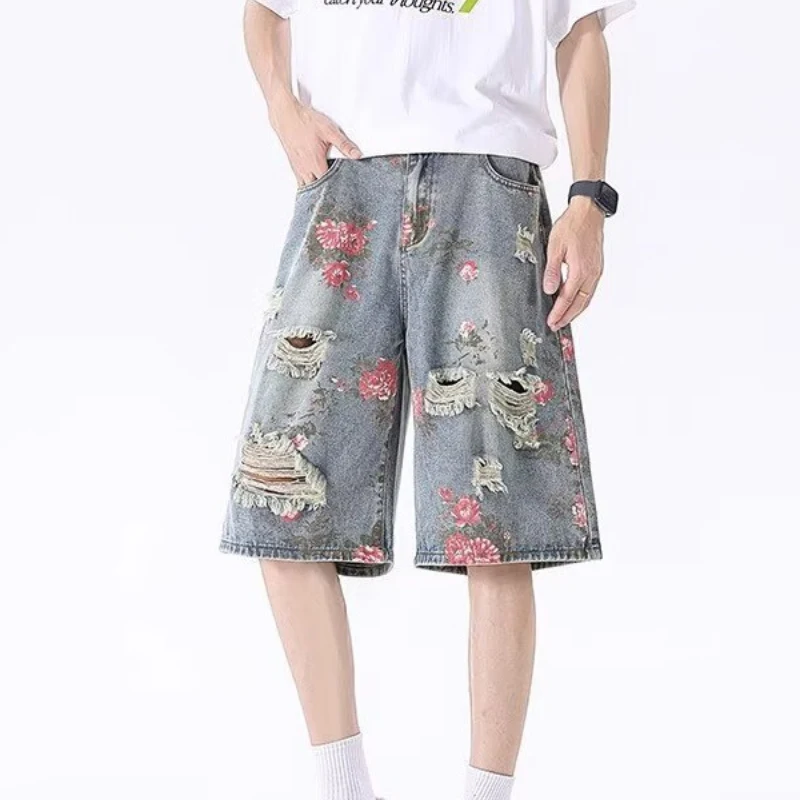 

2025 Mens Rose Print Distressed Denim Shorts Summer Baggy Ripped Jeans Five Inch Cargo Shorts Y2K Streetwear Vintage Hip Hop