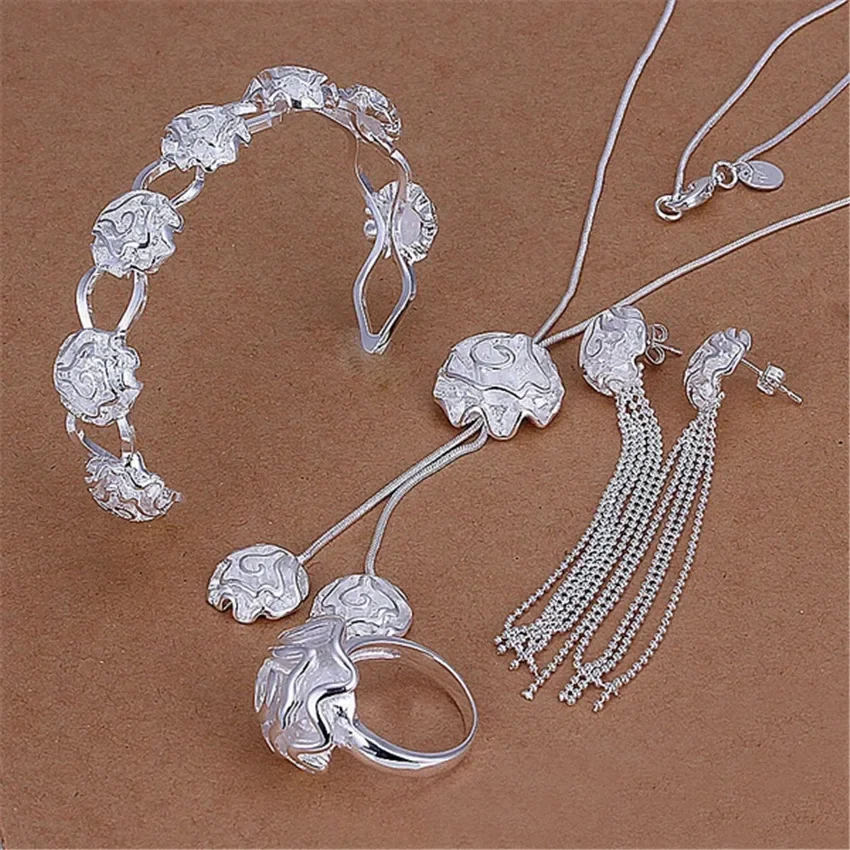 Conjunto de joyería de plata de ley 925 para mujer, brazalete con flor rosa, anillos, pulsera, collar, pendientes, accesorios de boda para fiesta, regalo