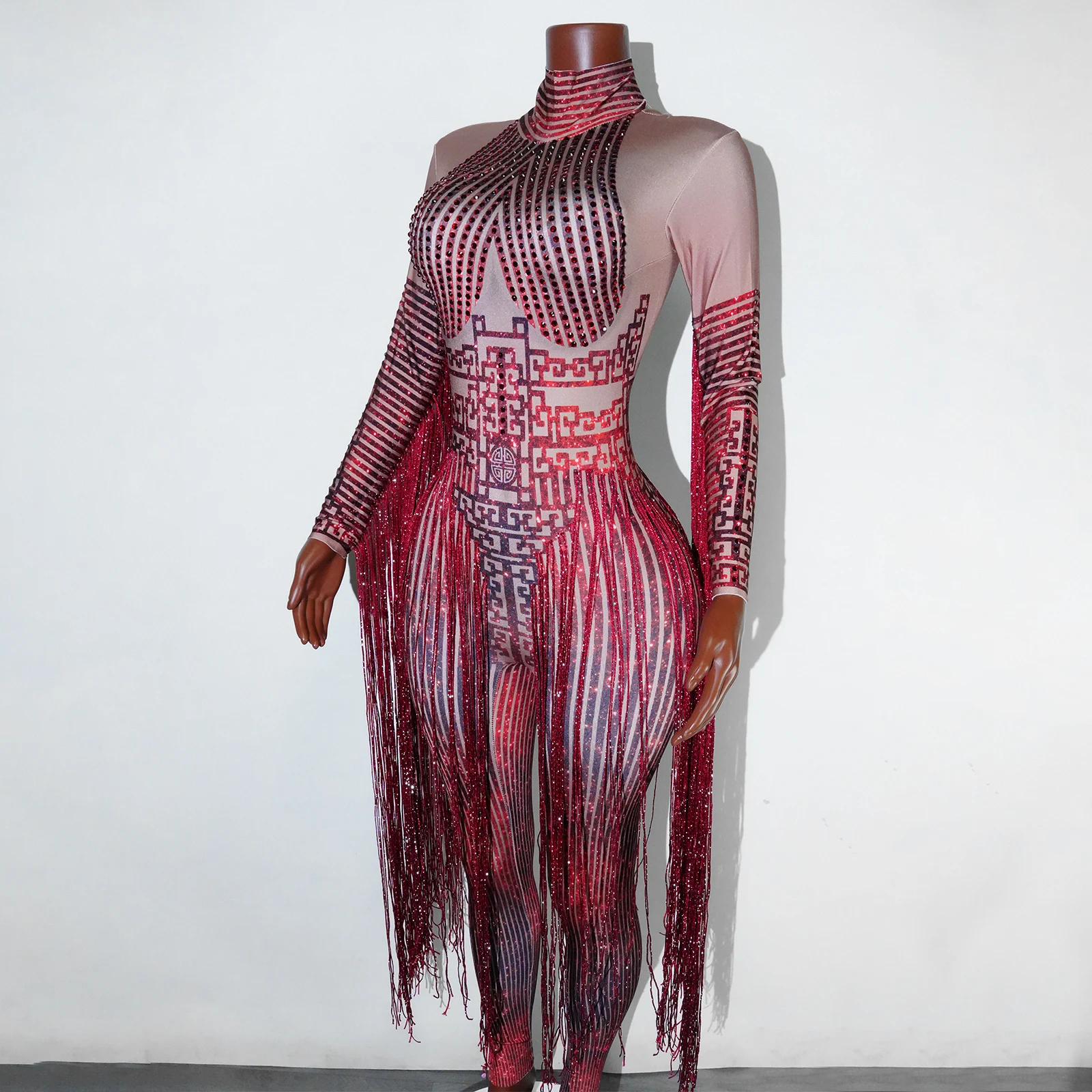 

Red Jumpsuit Sexy Long Tassel Rhinestone For Women Outfit Nightclub Singer Birthday Costume Stage Dance Wear Pole Clothing Rave