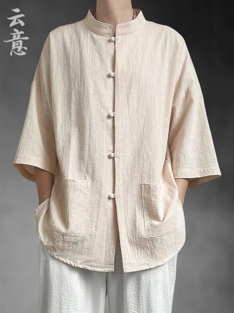 

Летний китайский свободный костюм из хлопка и льна с коротким рукавом, молодежный ретро-стиль, большие размеры, мужская этническая одежда Zhongan