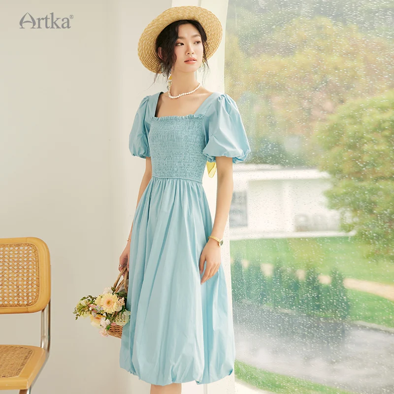 ARTKA 2023 Summer New Women Dress French Vintage Puff Short Sleeve Square Collar Dresses A-line Long Solid Color Dress LA92033X