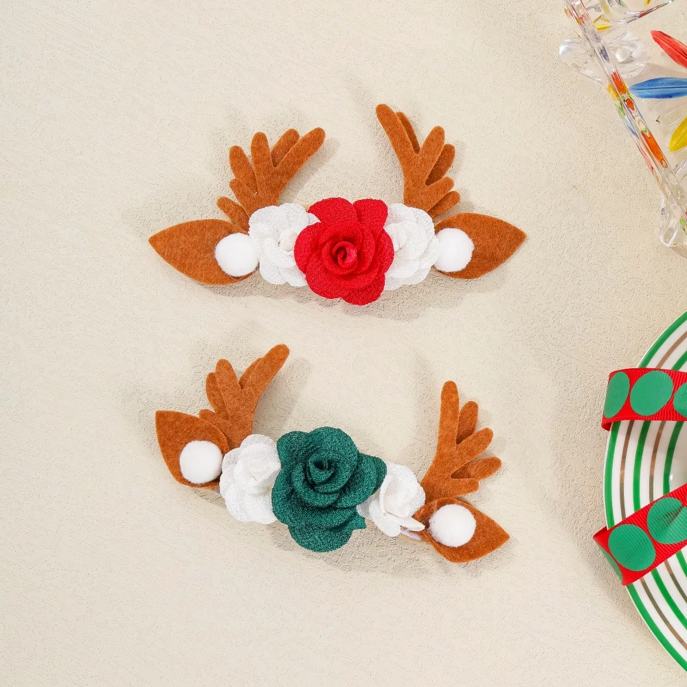 Cute Reindeer Antler Flower Baby Girls Headbands Fabric Floral Newborn Hairbands Christmas-themed Children Hair Accessories