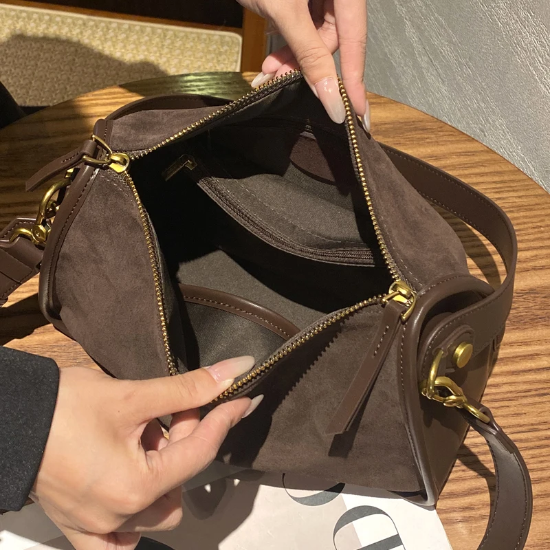Suede Cowhide fashion ladies shoulder cross coffe bag luxury designer women brown handbag angola red image 4