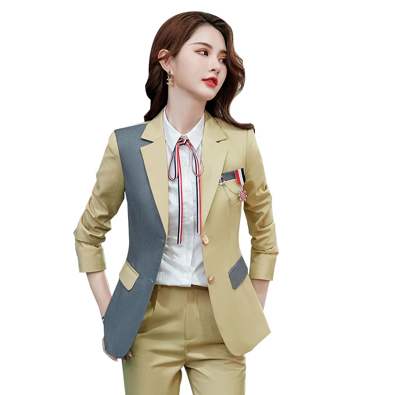 

College Style Jacket Blazer And Long Trousers Two Piece Set For Teacher Work Wear 2022 Latest Korean Design Women Pant Suit