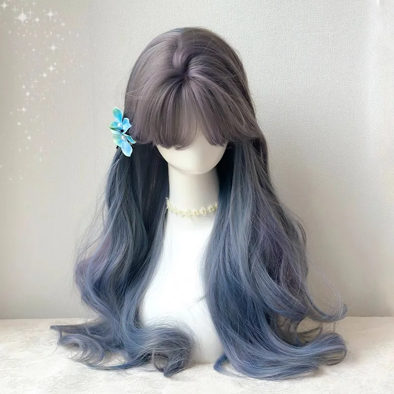 

Wig Girl Blue Long Hair Atmosphere Air Bangs Big Waves Long Curly Hair Daily Natural Full Headgear