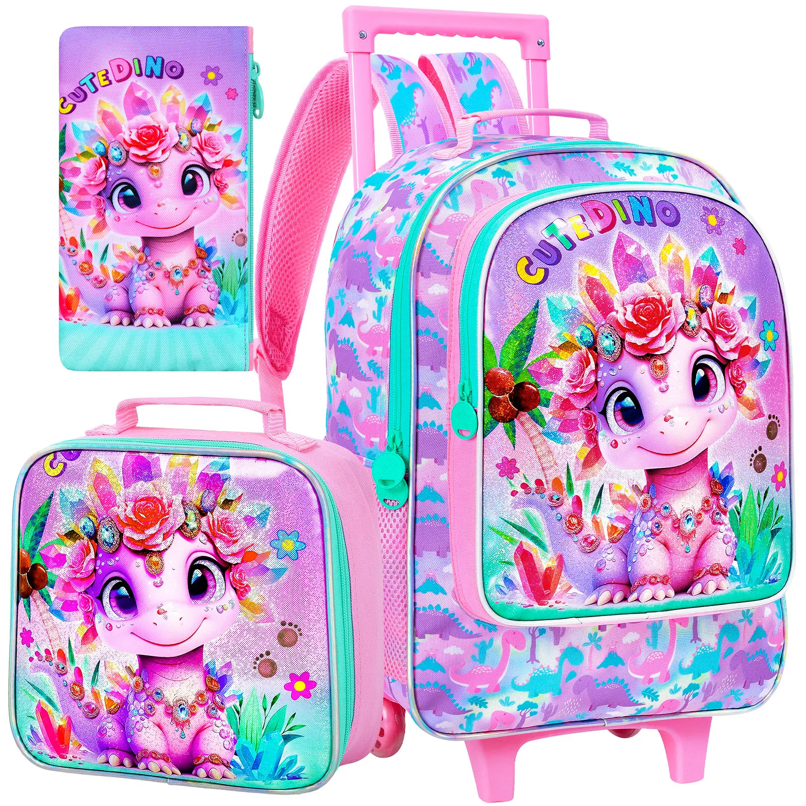 حقيبة ظهر دوارة مكونة من 3 قطع للفتيات، حقيبة ظهر مدرسية للأطفال بعجلات، حقيبة كتب بعجلات ثعلب لرياض الأطفال الابتدائية في مرحلة ما قبل المدرسة #1