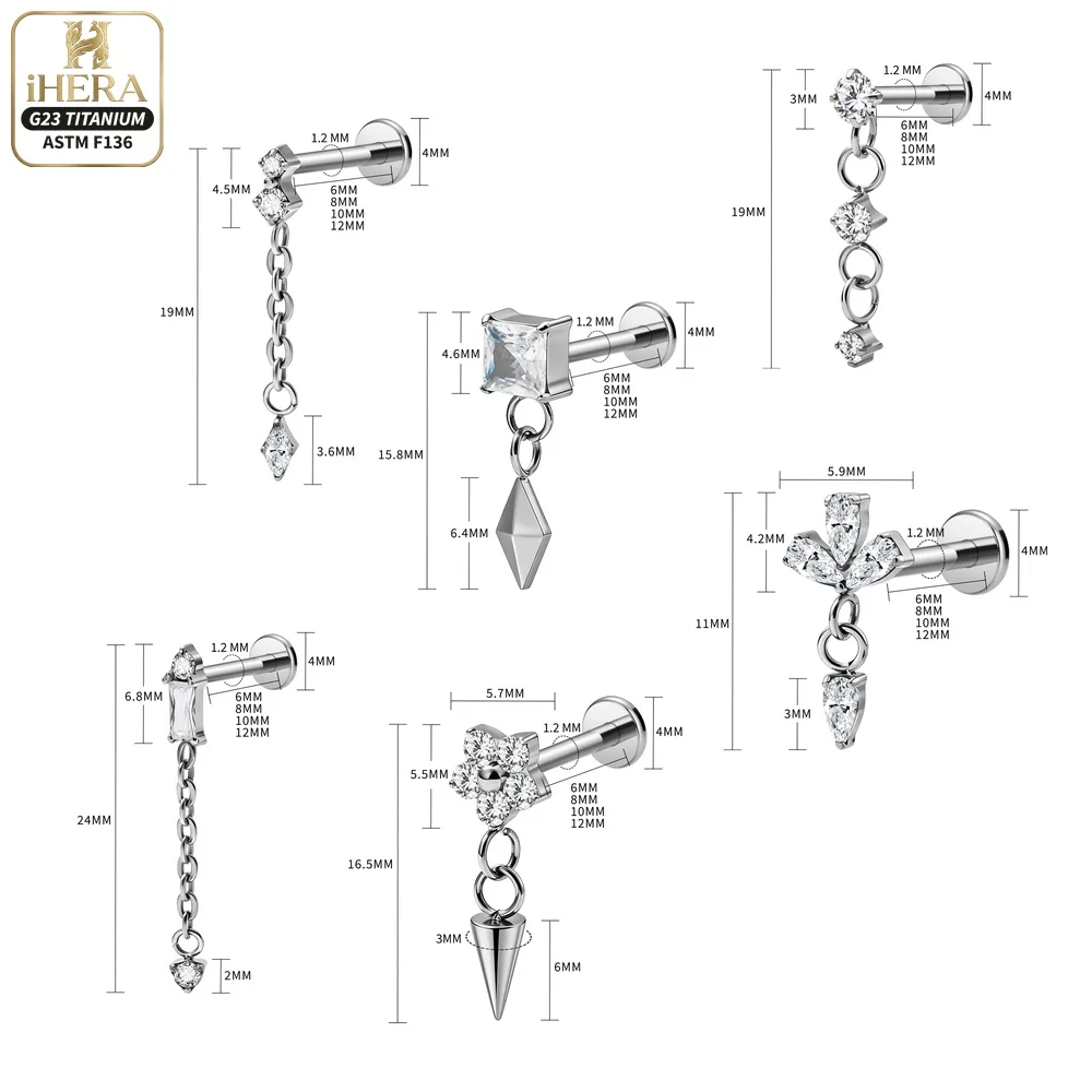 ASTM F136 Titan-Ohrstecker mit Marquise-Zirkonia, flacher Rückseite, glitzernder Kette, Baguette-Kreuz, Labret, Helix, Tragus, Conch, Ohrstecker-Schmuck – Detail 1