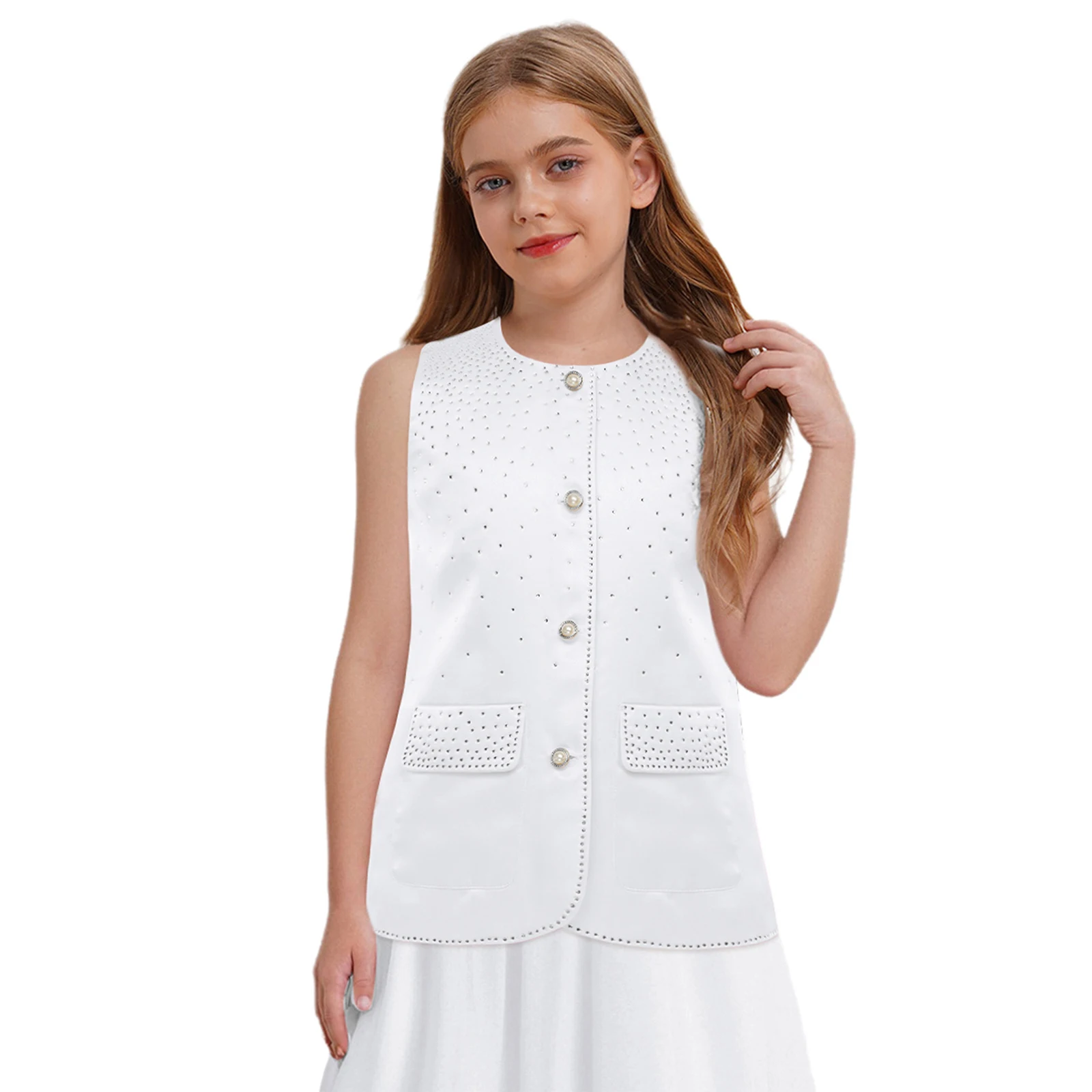 الفتيات طالب صدرية حجر الراين سترات بلا أكمام ملابس خارجية حفلة الأطفال زر الزي المدرسي القمم الاطفال سترة Dancewear