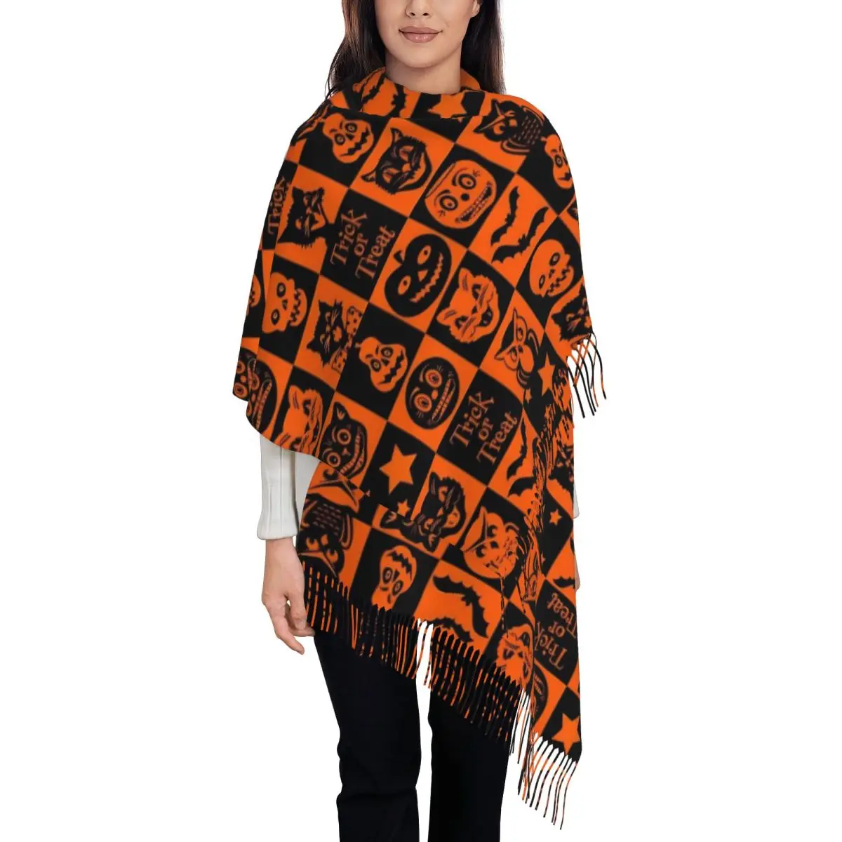 Womens Scarf with Tassel Halloween Single-sided Pattern Winter Fall Shawl and Wrap Gothic Bats Ghosts Witch Gifts Cashmere Scarf