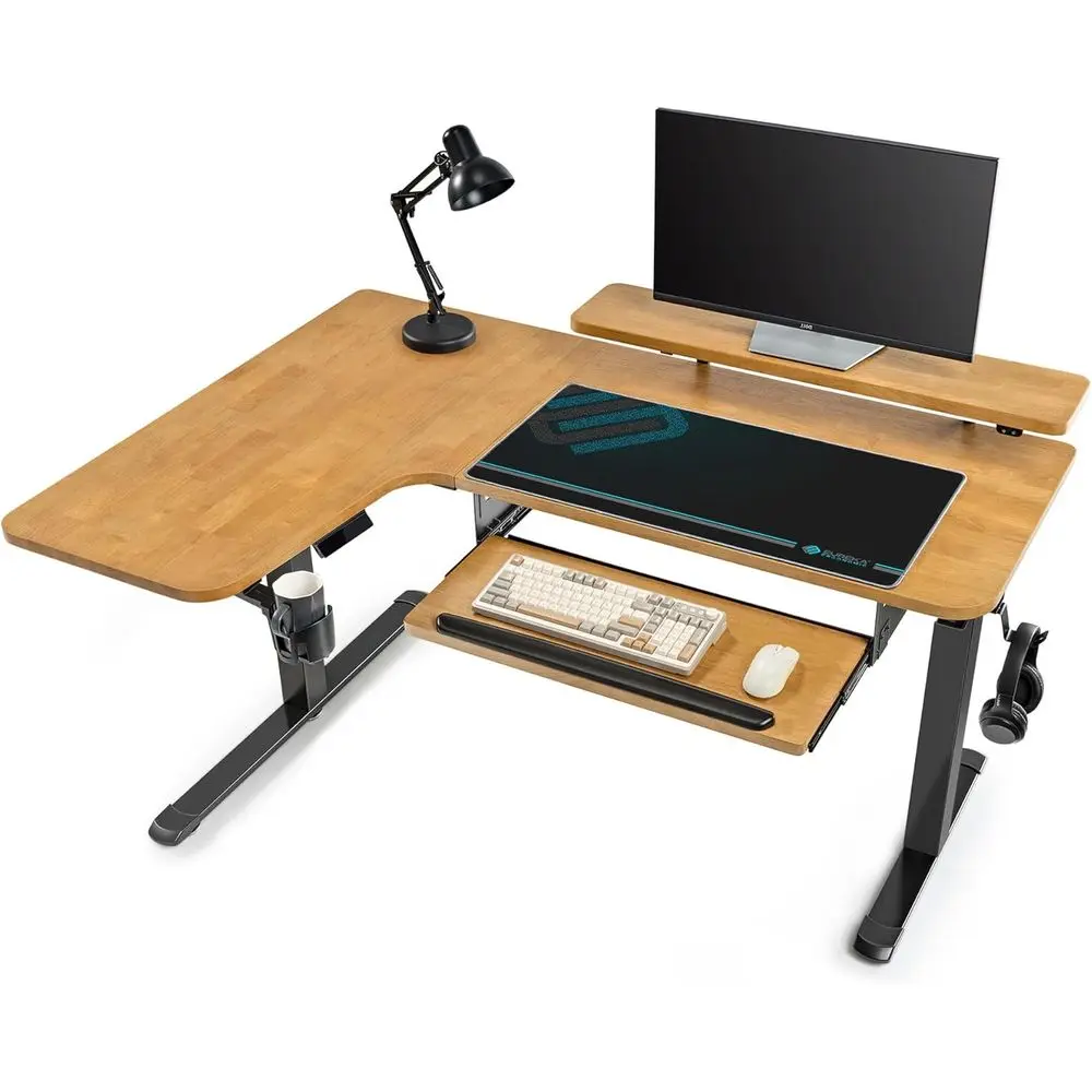 

Electric 61 Dual Motor L-Shaped Standing Desk with Keyboard Tray, LED Monitor Stand, Solid Oak Wood