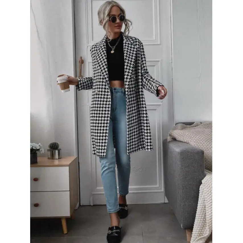 Faionable Plaid Print Long Large Size Coat Autumn Winter New Arrival Women's plus Size Outerwear Sli Cheered Pattern