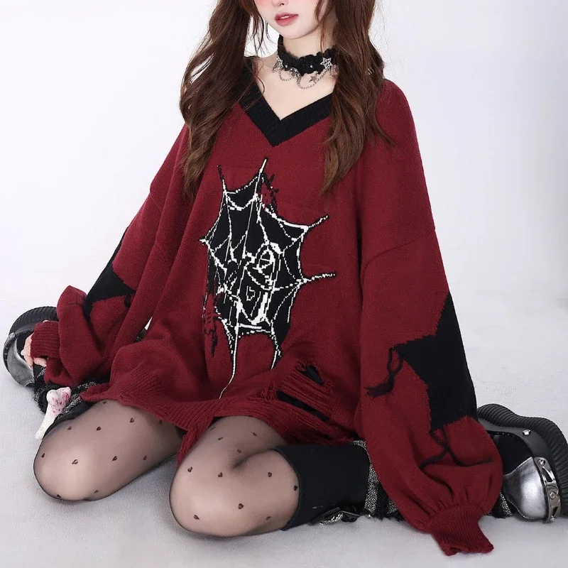 Deeptown Gothic Y2k Trui Vrouwen Harajuku Vintage Punk Lange Mouw Gebreide Trui Grunge Mode Streetwear Oversize Truien