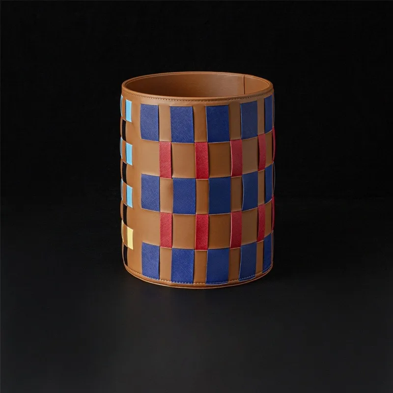 

Leather trash can, hand-woven bedroom, living room storage, dirty laundry basket, vase, flower device