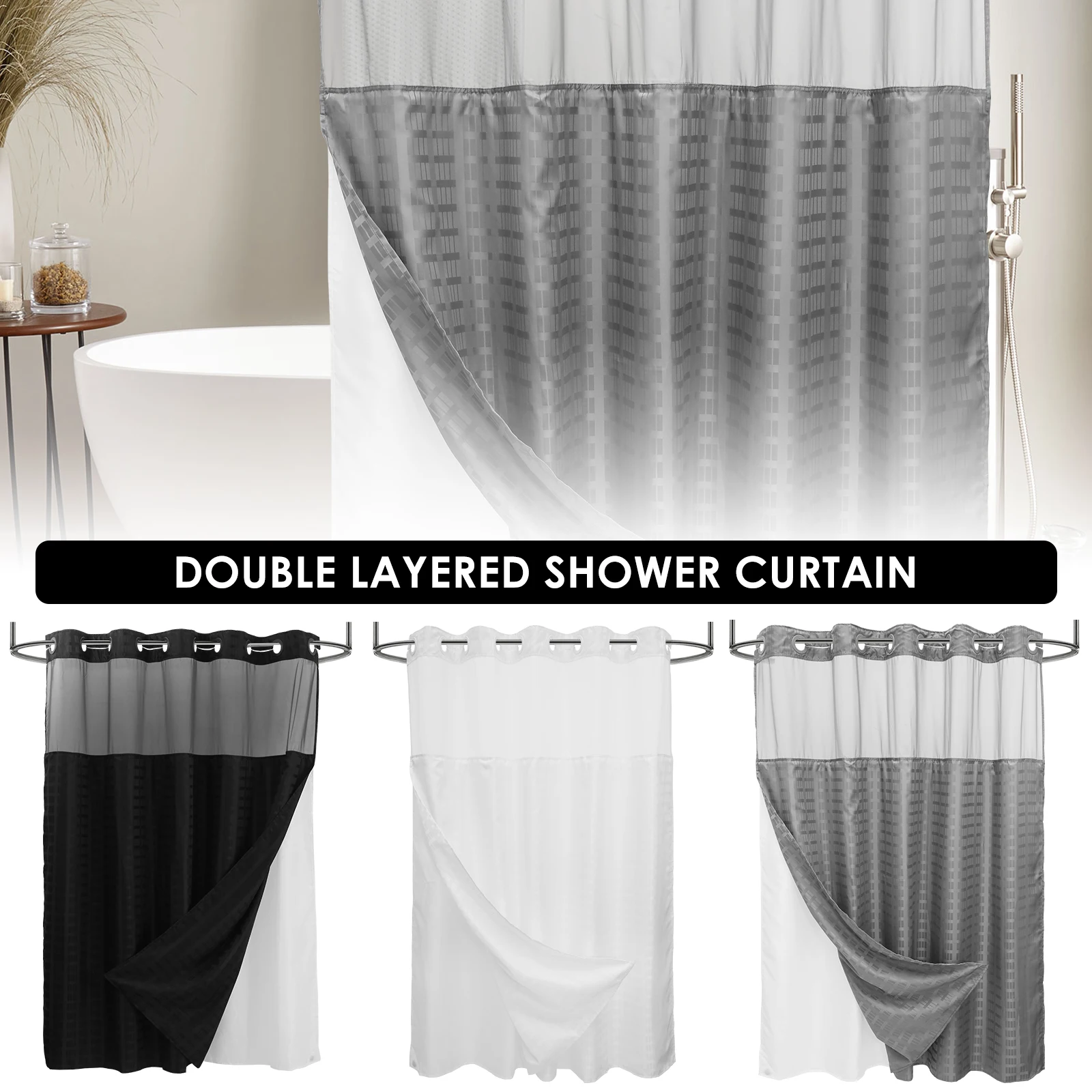 

Waterproof Shower Curtain 180x188cm No Hook Shower Curtain Double Layer with Snap Contemporary Design Hotel Bathroom Curtain